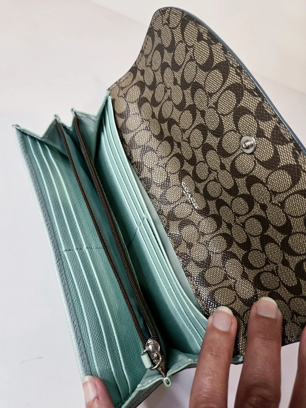 Coach Envelope Wallet Crossgrain Leather Teal Blue Wallet with Logo Coin Purse